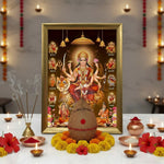 Navdurga A4 wooden frame on a Navratri ghat sthapana setup with coconut kalash, diya and marigold - Divine Sansar