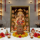 Navdurga A4 wooden frame on a Navratri ghat sthapana setup with coconut kalash, diya and marigold - Divine Sansar