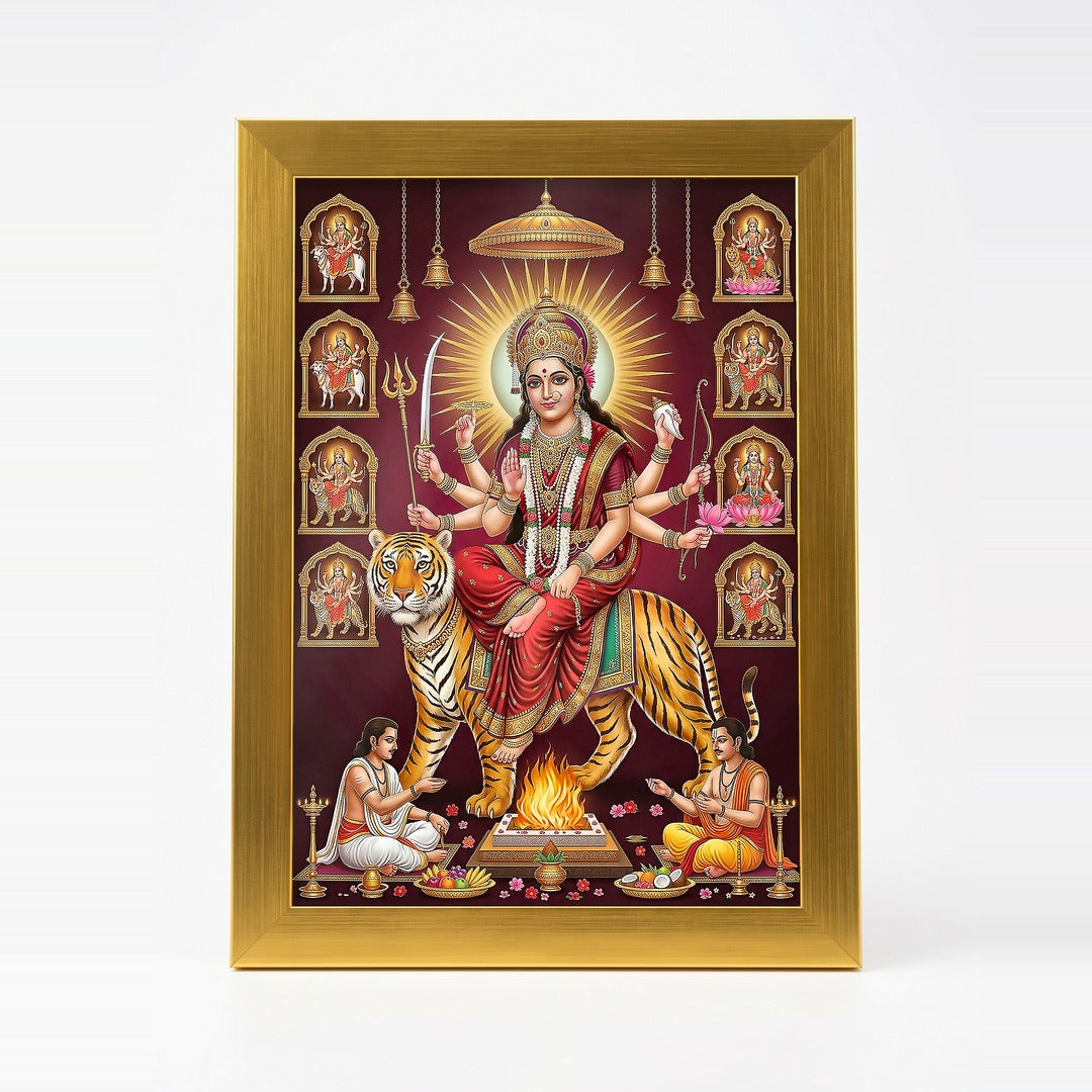 Navdurga photo frame A4 21 x 30 cm in a gold acrylic frame with clear shatterproof front - Divine Sansar