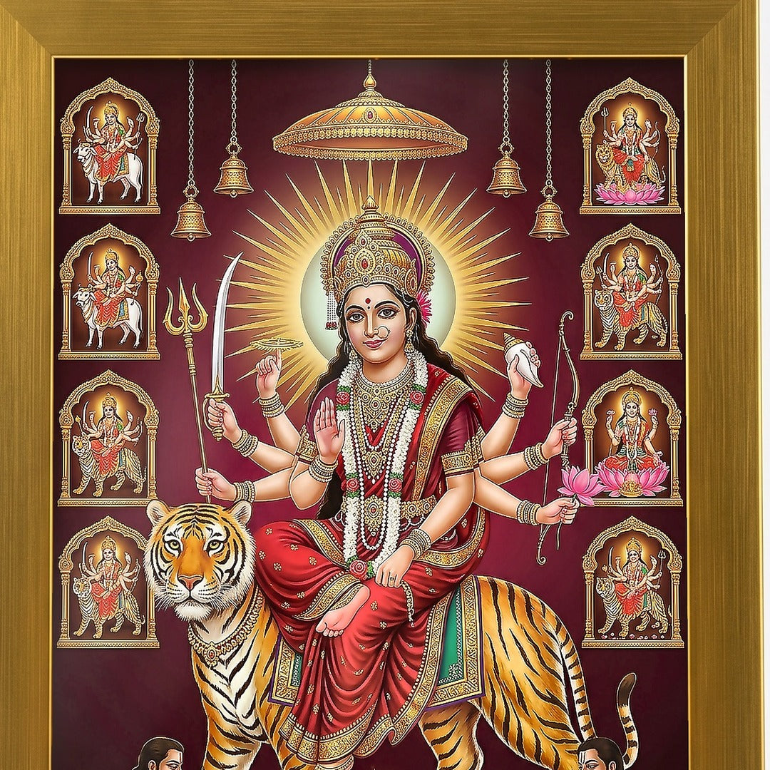 Navdurga photo frame close-up of the artwork and brushed gold acrylic frame - Divine Sansar