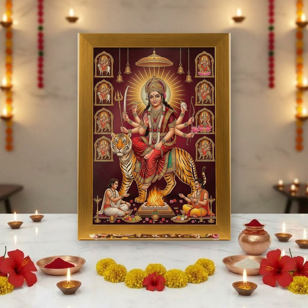 Navdurga gold acrylic photo frame on a home mandir pooja setup with diyas and flowers - Divine Sansar