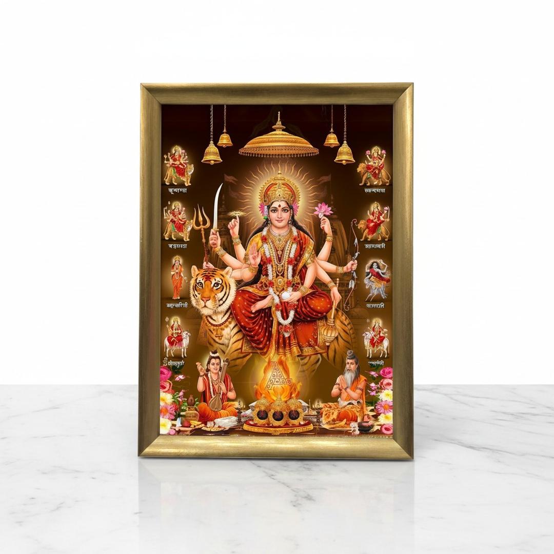 Navdurga photo frame A4 21 x 30 cm wooden golden frame with clear shatterproof front, Maa Durga and the nine forms - Divine Sansar