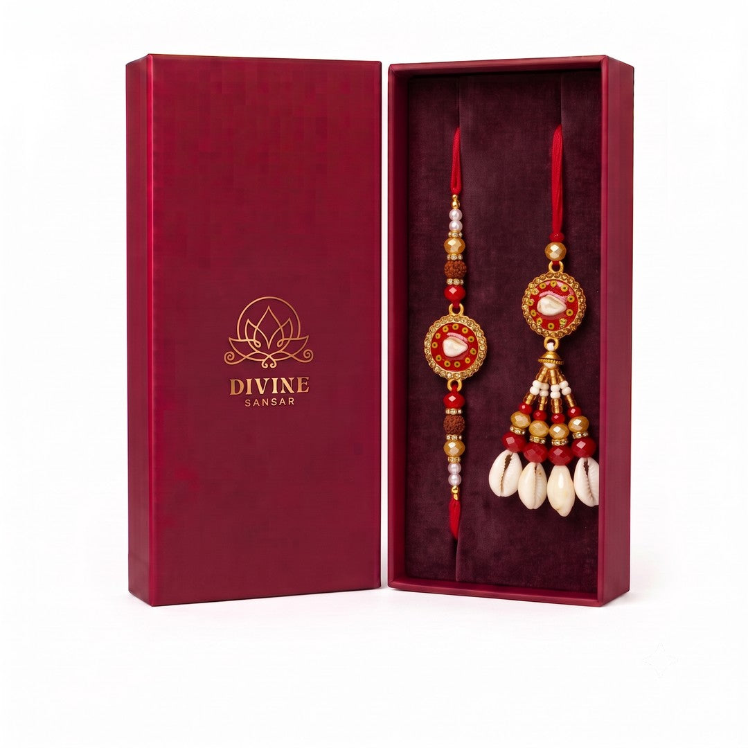 Nazar Kavach Laal red evil eye kauri bhaiya bhabhi rakhi set in Divine Sansar gift box