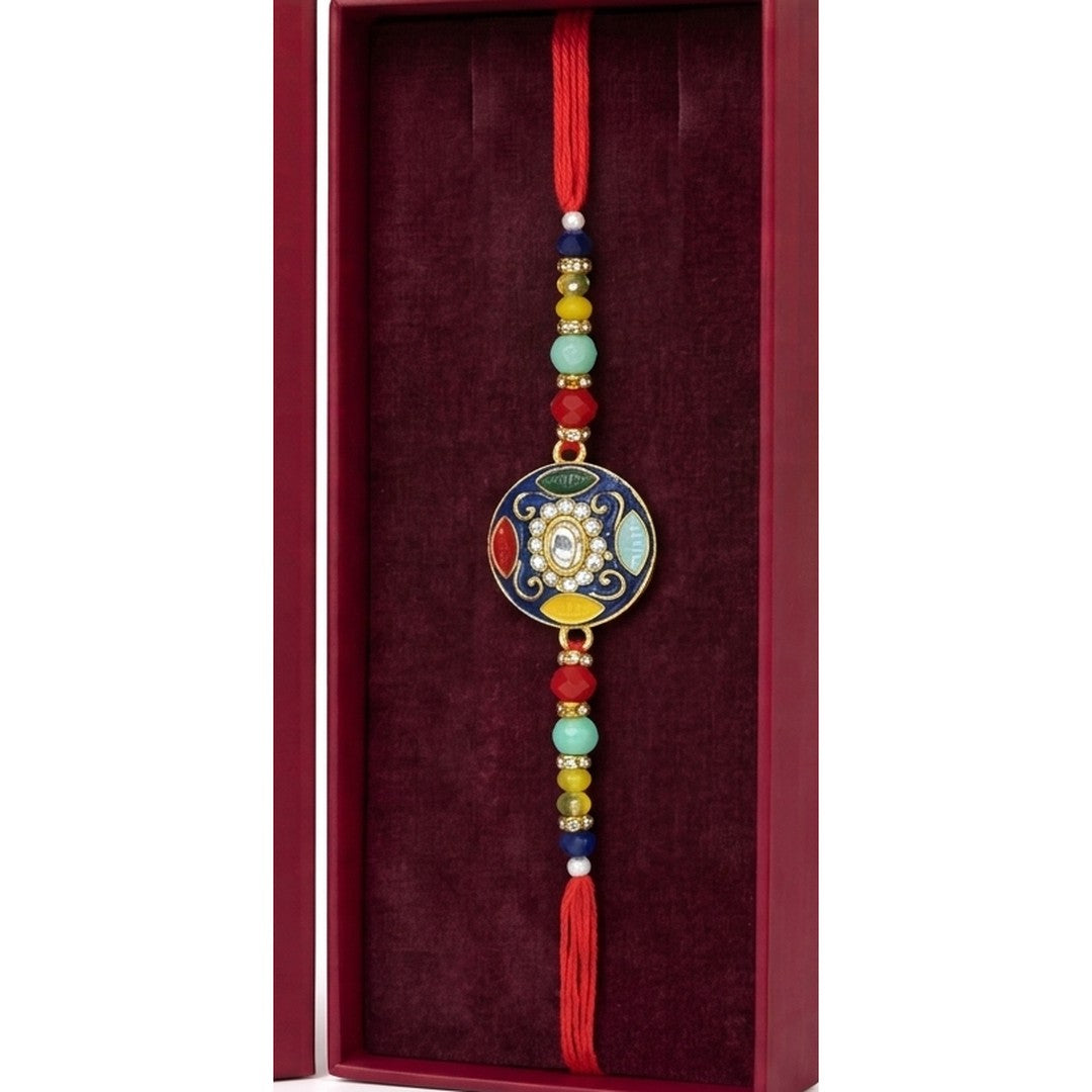 Navy meenakari kundan rakhi close up Divine Sansar