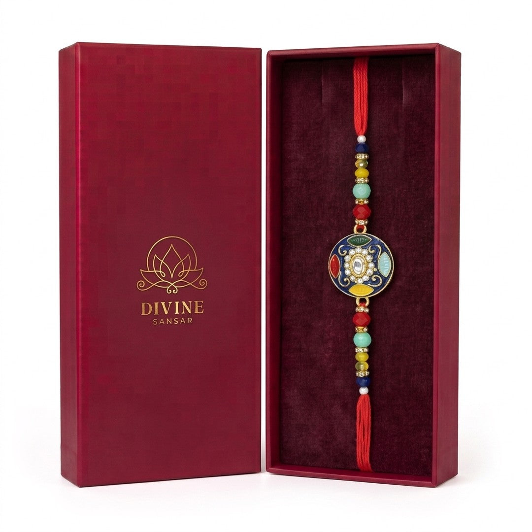 Neelambar navy meenakari kundan rakhi in Divine Sansar gift box
