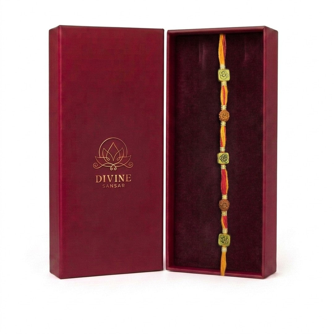 Om Rudra Sutra Om rudraksha rakhi in Divine Sansar gift box