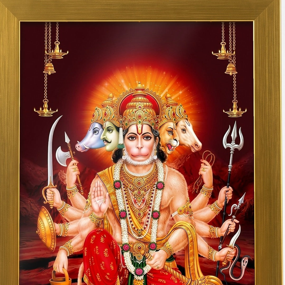 Panchmukhi Hanuman photo frame close-up of the artwork and brushed gold acrylic frame - Divine Sansar
