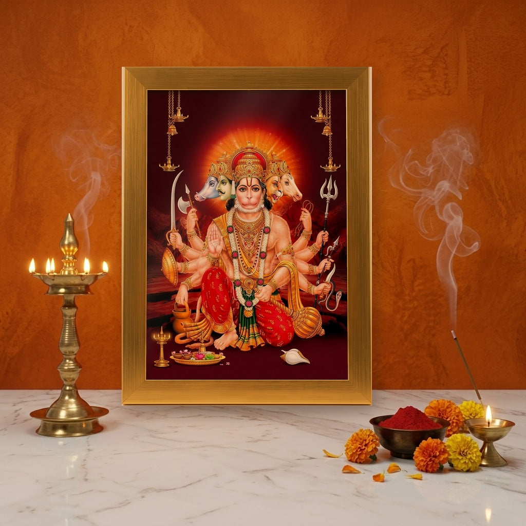 Panchmukhi Hanuman gold acrylic photo frame on a home mandir pooja setup with diyas and flowers - Divine Sansar
