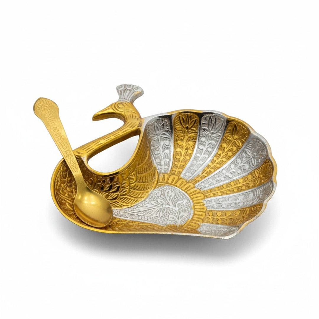 Peacock mukhwas and dry fruit bowl with spoon in gold and silver finish - Divine Sansar