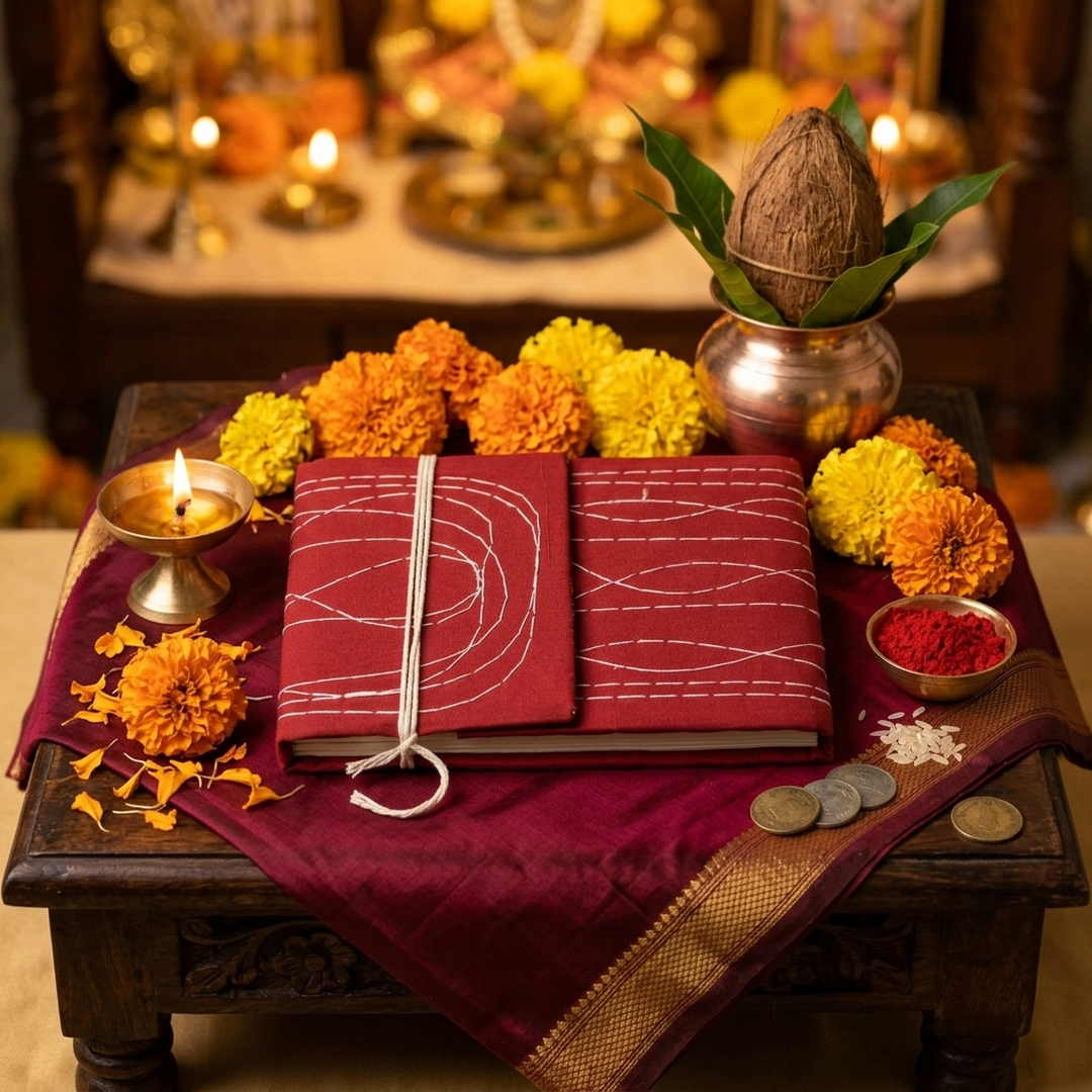 Bahi Khata on a Diwali pooja chowki with diya, marigold and kalash for Chopda Pujan - Divine Sansar