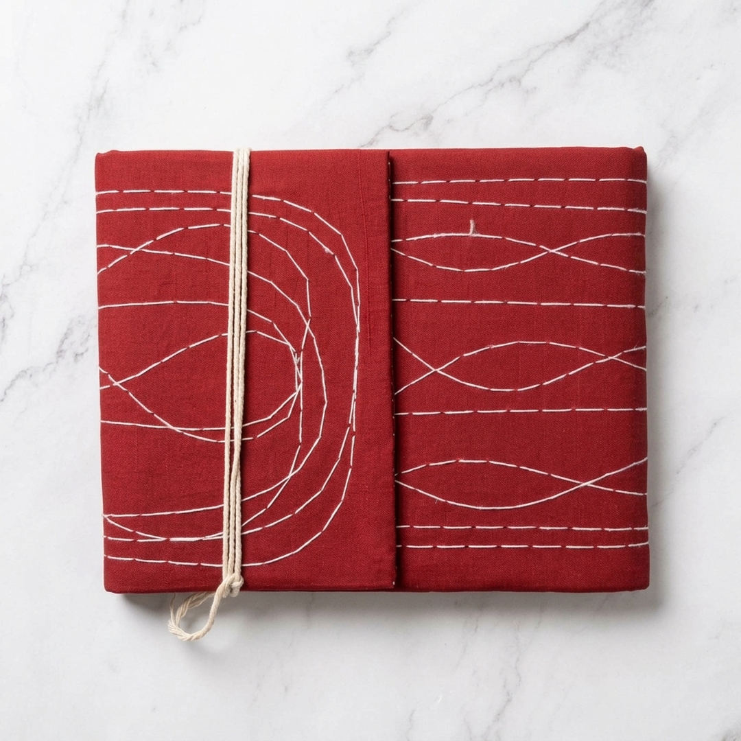 Pooja Bahi Khata with red cloth cover and white hand stitching for Diwali Chopda Pujan - Divine Sansar
