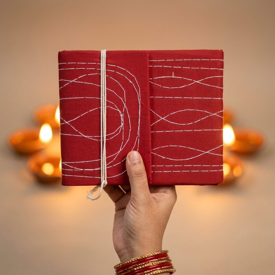 Pooja Bahi Khata held in hand to show its 18 x 14 cm size - Divine Sansar