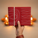 Pooja Bahi Khata held in hand to show its 18 x 14 cm size - Divine Sansar
