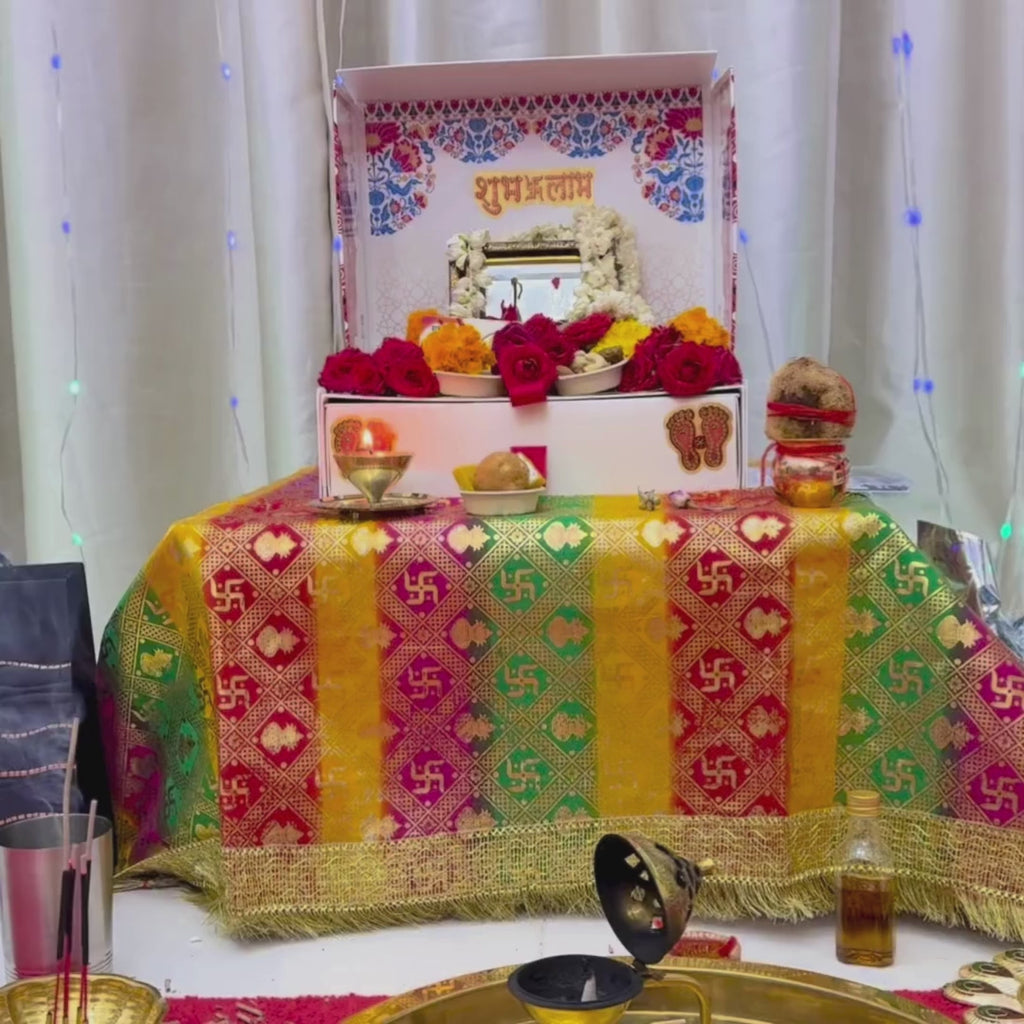 Mangal Bhawan portable temple opening to reveal the altar, included in the Make Your Own Ganesh Kit combo, Divine Sansar