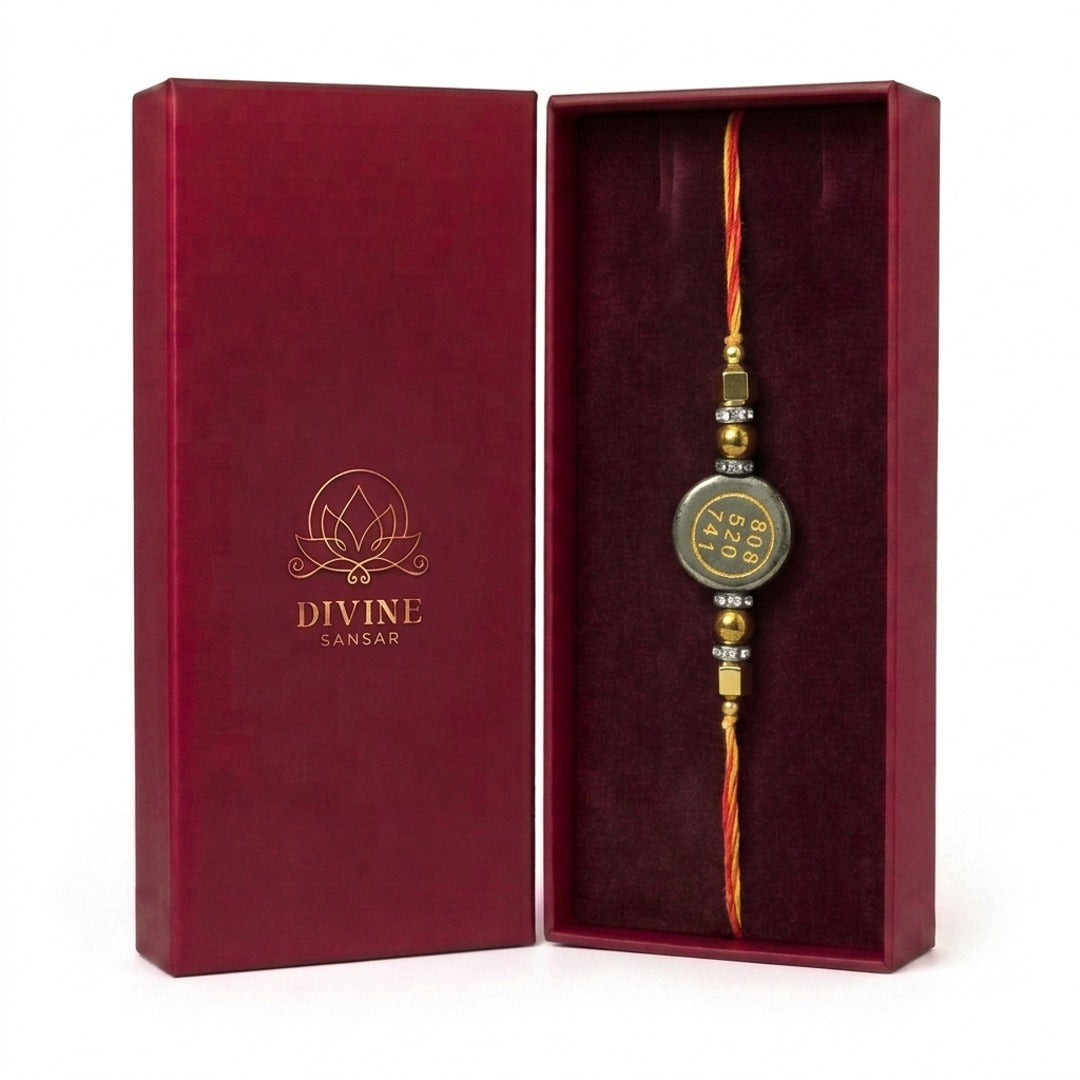 Pyrite rakhi 808 520 741 money code side in maroon gift box - Divine Sansar