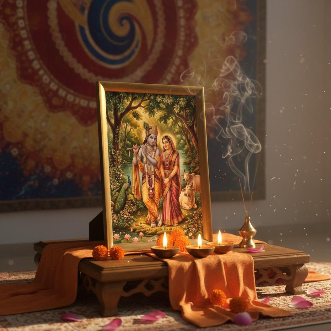 Radha Krishna A4 frame on a home mandir chowki with diyas and marigolds - Divine Sansar