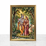 Radha Krishna photo frame A4 wooden gold frame on white marble - Divine Sansar