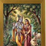 Radha Krishna photo frame close-up of the artwork and brushed gold acrylic frame - Divine Sansar