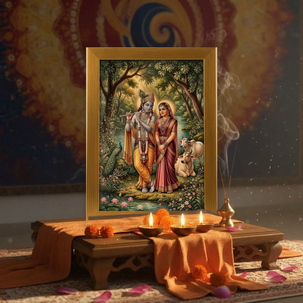 Radha Krishna gold acrylic photo frame on a home mandir pooja setup with diyas and flowers - Divine Sansar