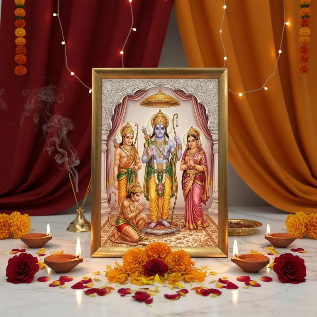 Ram Darbar A4 wooden photo frame in a Diwali pooja setting with diyas and marigold - Divine Sansar