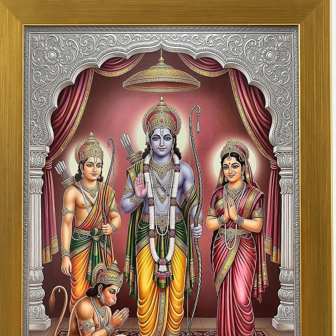 Ram Darbar photo frame close-up of the artwork and brushed gold acrylic frame - Divine Sansar