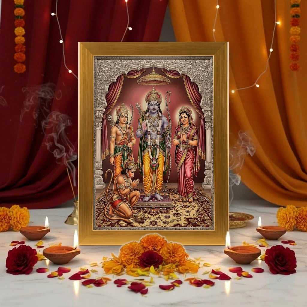 Ram Darbar gold acrylic photo frame on a home mandir pooja setup with diyas and flowers - Divine Sansar