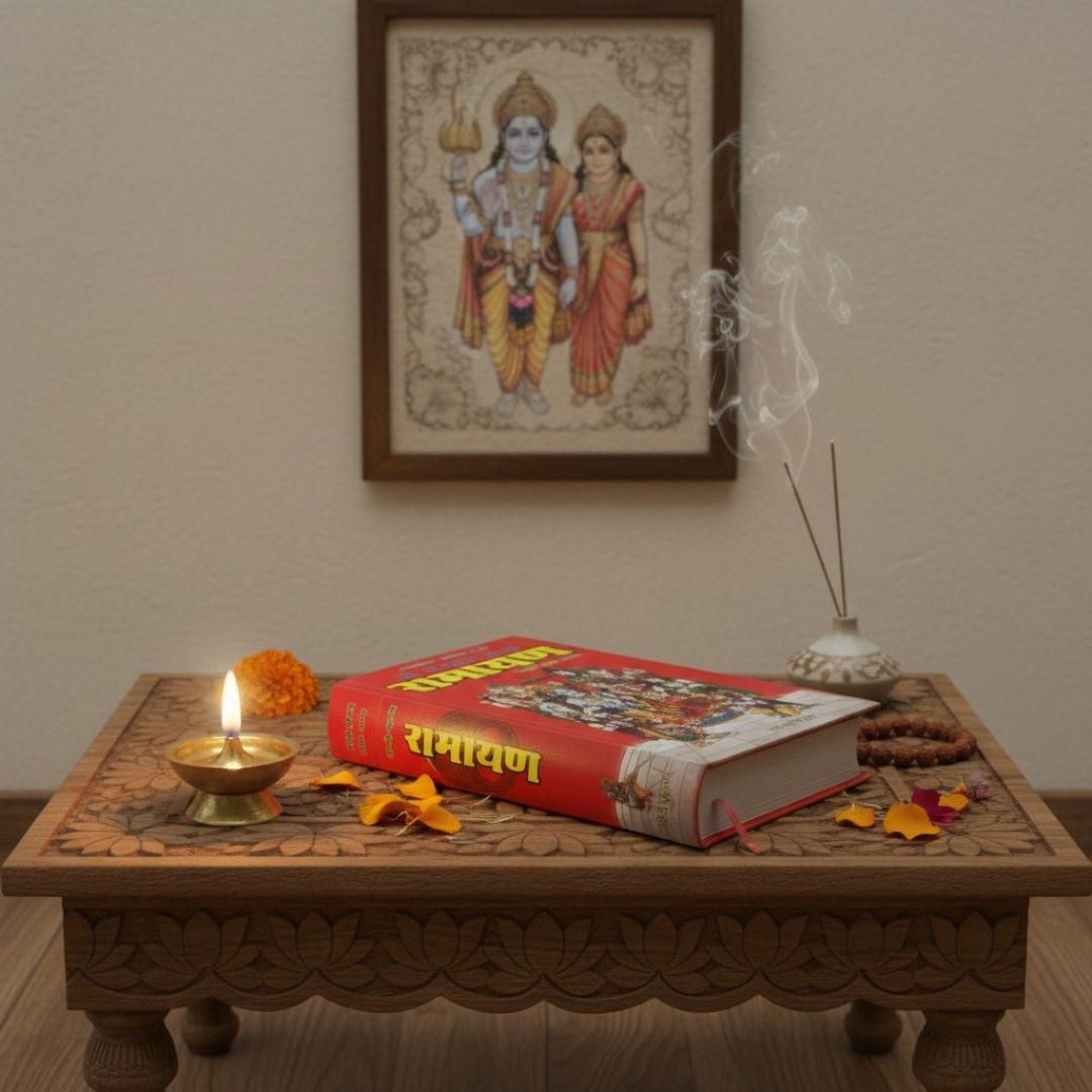 Ramayan book on wooden puja altar with diya and marigold - Divine Sansar