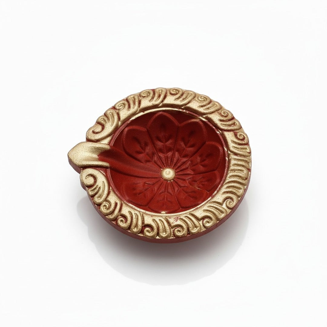 Hand-painted red and gold clay diya 8 cm with lotus bowl for Diwali in UAE - Divine Sansar