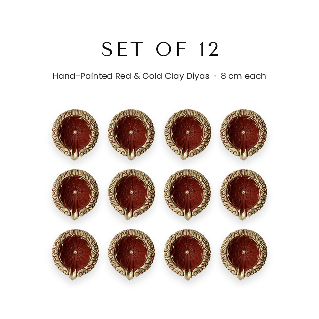 Set of 12 red and gold 8 cm clay diyas, agal vilakku for Diwali in UAE - Divine Sansar