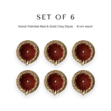 Set of 6 red and gold 8 cm clay diyas for Diwali in UAE - Divine Sansar