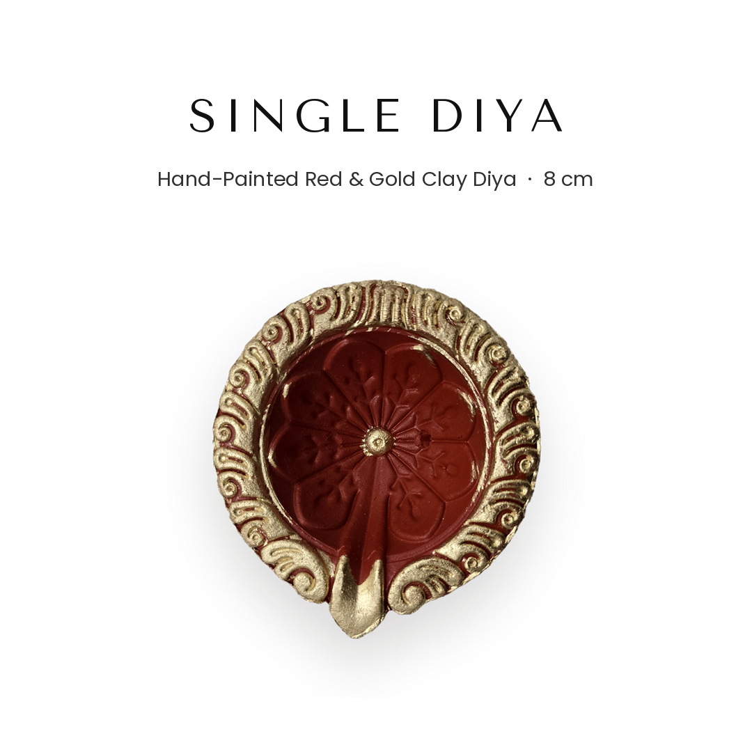 Single red and gold 8 cm clay diya, mitti diya for pooja - Divine Sansar