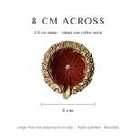 Large clay diya size guide, 8 cm across and 2.5 cm deep - Divine Sansar
