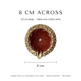 Large clay diya size guide, 8 cm across and 2.5 cm deep - Divine Sansar