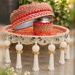 Royal Radiance Karwa Chauth thali set in red velvet with gold lace, mirror-work rim and pearl tassels, shown with its chhalni and kalash - Divine Sansar