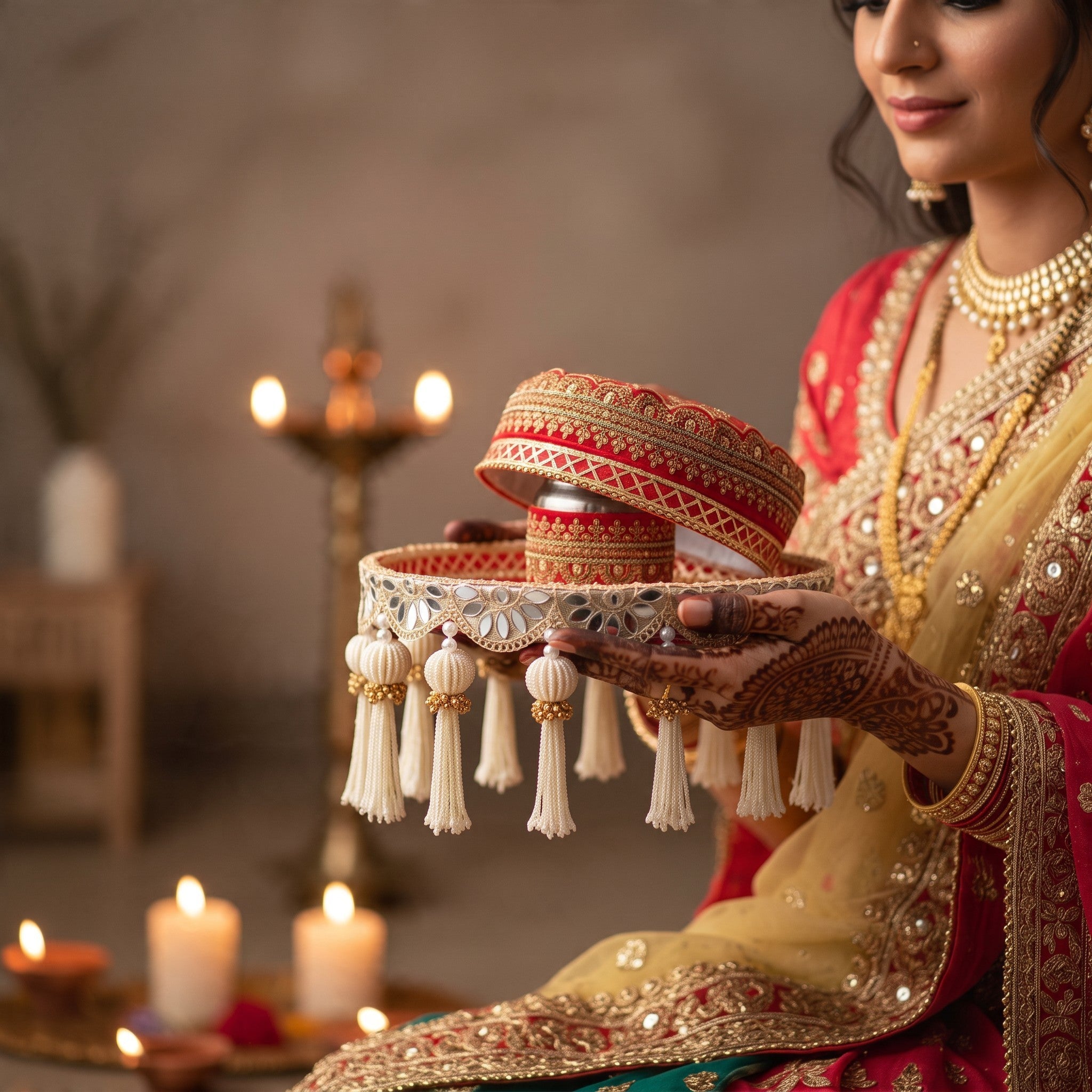 Bride in red holding the Royal Radiance red and gold Karwa Chauth thali with chhalni and kalash - Divine Sansar
