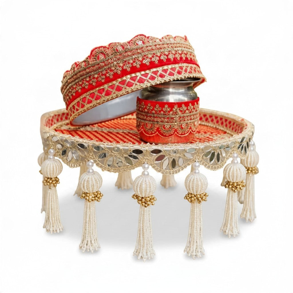Royal Radiance red and gold Karwa Chauth thali set with mirror-work rim, pearl tassels, decorated chhalni and kalash - Divine Sansar UAE