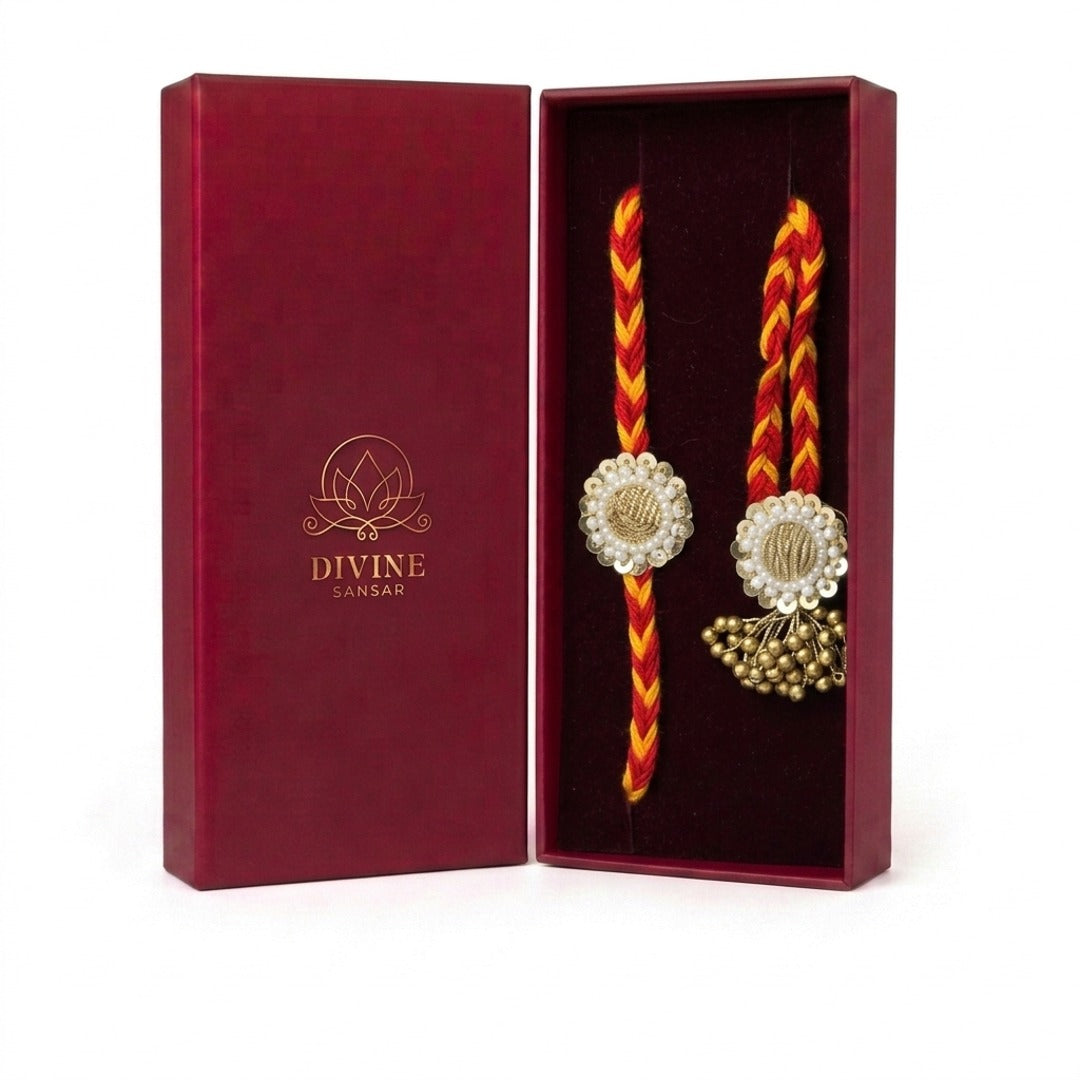 Royal zardozi bhaiya bhabhi rakhi and lumba set in maroon gift box - Divine Sansar