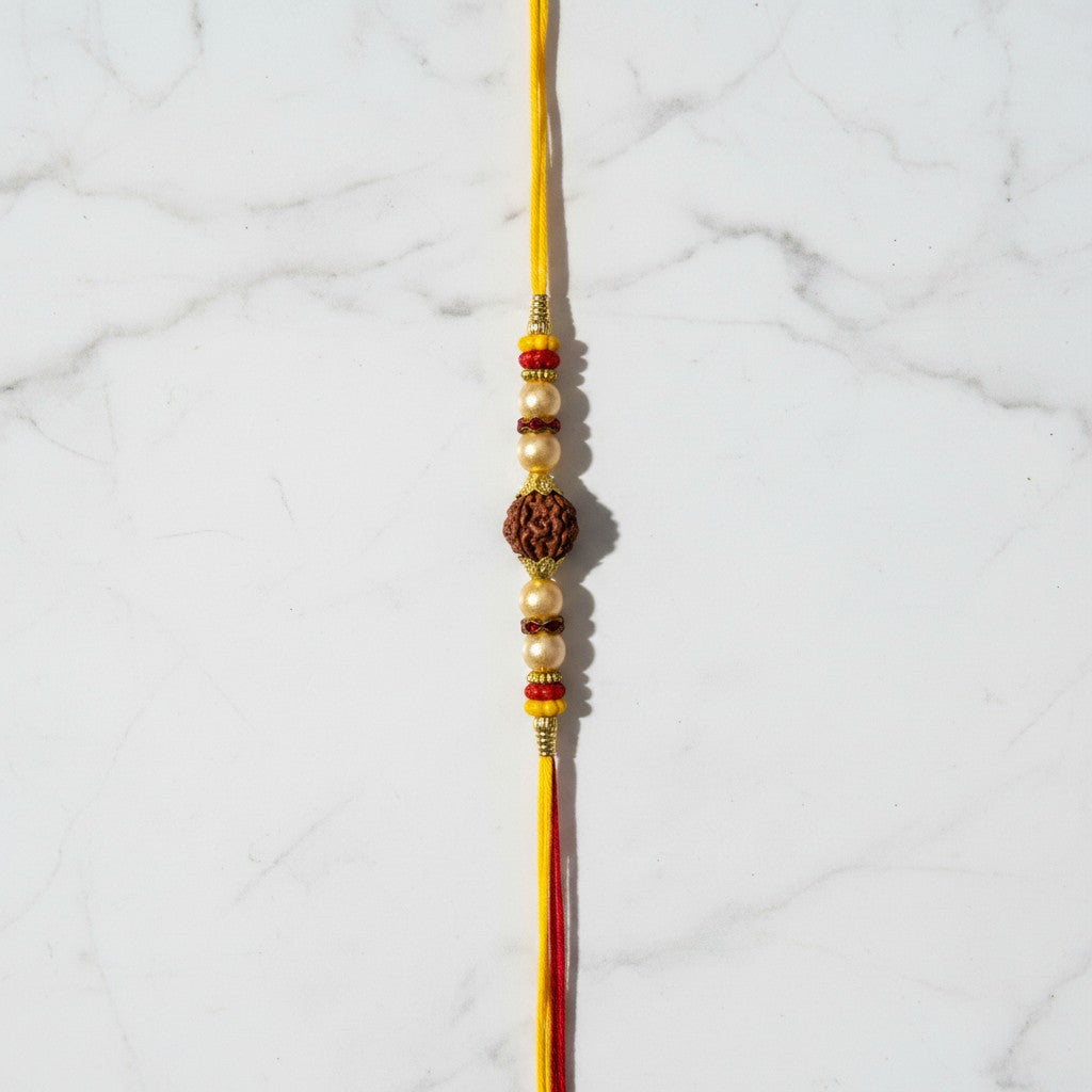 Rudra Kavach Rudraksha Rakhi on marble - Divine Sansar UAE
