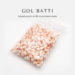 Sealed pouch of 100 round gol batti kesar cotton wicks, Divine Sansar