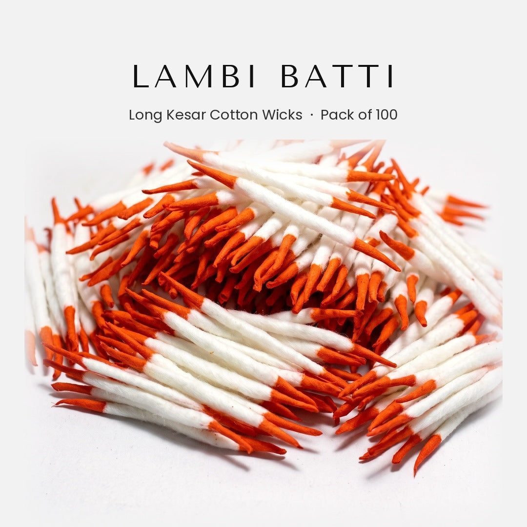 Lambi Batti long kesar tip cotton wicks for akhand jyot, pack of 100, Divine Sansar