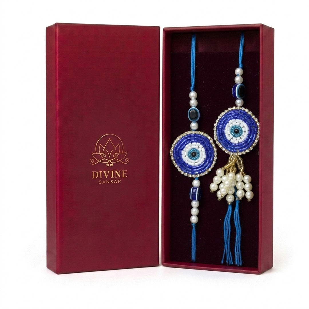 Blue evil eye bhaiya bhabhi rakhi and lumba set in maroon gift box - Divine Sansar