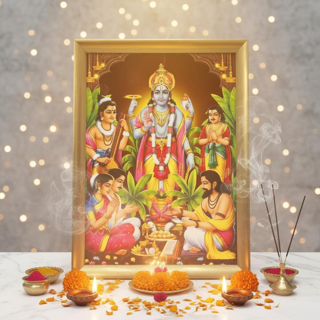 Satyanarayan A4 wooden photo frame standing on a pooja setup with diya and marigold - Divine Sansar