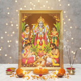 Satyanarayan A4 wooden photo frame standing on a pooja setup with diya and marigold - Divine Sansar