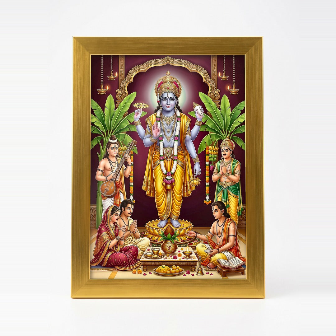 Satyanarayan photo frame A4 21 x 30 cm in a gold acrylic frame with clear shatterproof front - Divine Sansar