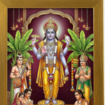 Satyanarayan photo frame close-up of the artwork and brushed gold acrylic frame - Divine Sansar