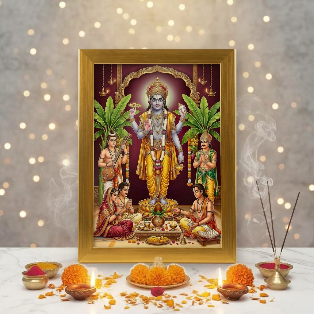Satyanarayan gold acrylic photo frame on a home mandir pooja setup with diyas and flowers - Divine Sansar