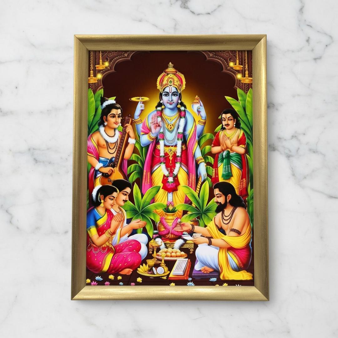 Satyanarayan photo frame A4 21 x 30 cm wooden golden frame with clear shatterproof front - Divine Sansar