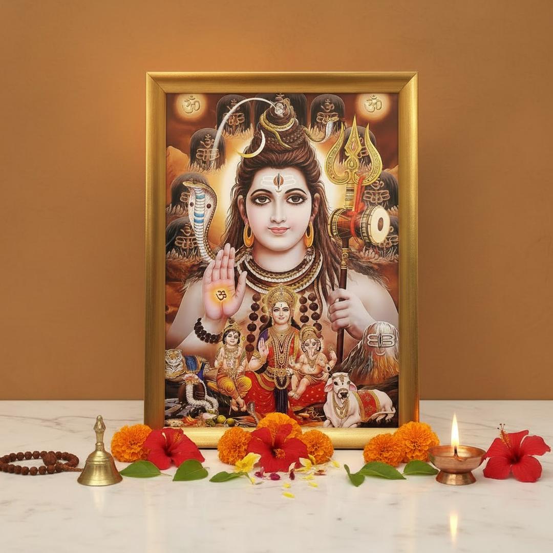 Shiv Parivar A4 wooden photo frame on a pooja setup with diya, bell, rudraksha mala and marigold - Divine Sansar