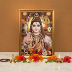Shiv Parivar A4 wooden photo frame on a pooja setup with diya, bell, rudraksha mala and marigold - Divine Sansar