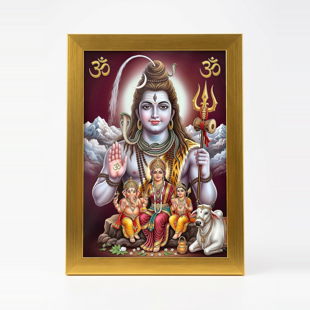 Shiv Parivar photo frame A4 21 x 30 cm in a gold acrylic frame with clear shatterproof front - Divine Sansar